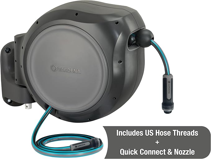 GARDENA (20500) Retractable Garden Hose Reel 50' x 1/2" hose, Wall Mounted, Automatic Retraction & Length Lock for Easy Watering. Heavy Duty Swivel Bracket 180°, Includes Nozzle. Made in Europe