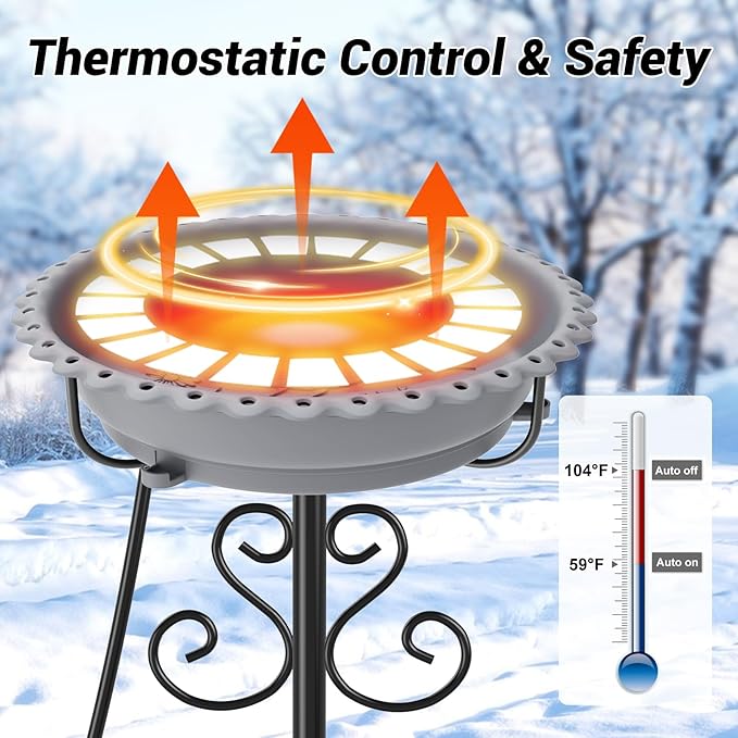 Heated Bird Baths for Outdoors,Upgraded 100W Thermostat Control Heated BirdBaths for Winter with Metal 5 Prong Base Heated Bird Bath for Outside Winter Garden Yard Patio Lawn (Grey)