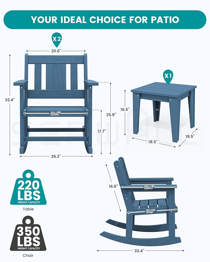 SERWALL Outdoor Rocking Chairs Set of 2 with Side Table, All-Weather HDPE 3 Piece Patio Furniture Set, Outdoor Bistro Set for for Porch Deck Lawn Balcony, Blue