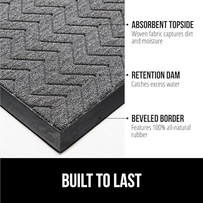GORILLA GRIP 100% Waterproof All-Season WeatherMax Doormat, 72x24, Durable Natural Rubber, Stain and Fade Resistant, Low Profile, Indoor Outdoor Door Mats, Easy Clean Patio Entrance Mat, Steel Chevron