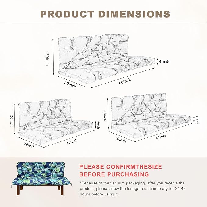 Porch Swing Cushion with Backrest,Waterproof Bench Cushion for Outdoor Furniture,2-3 Seater Replacement Thickened Swing Cushion with Ties,Patio,Outdoor,Backyard and Garden (Floral Navy,60x40")