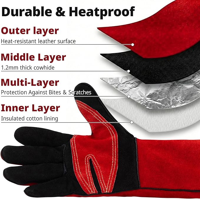 Welding Gloves 16 Inches 932°F Extreme Heat Fire Resistant Leather Forge Gloves for Mig, Tig, Stick, BBQ, Fireplace, Wood Stove, Furnace, Animal Handling, Handling Dry Ice - Safety Work 2XL