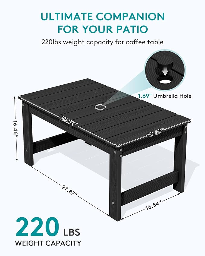 SERWALL 3 Pieces Patio Adirondack Bench Set, 2 Folding Adirondack Bench & 1 Coffee Table with Umbrella Hole Set for Front Porch Garden Balcony Backyard, Black