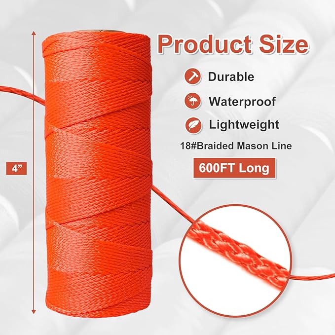 Mason Line String, 600 Ft Length Nylon Twine, 18 Braided Nylon String for Gardening Or Masonry Tools, Orange