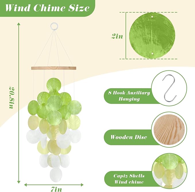 Wind Chimes for Outside, Handcrafted Green Gradient Capiz Shells Windchime Coastal Style Decor for Indoor/Outdoors, Garden Decors, Great Gift for Women, Beach Hanging Decor, Wind Chimes Lovers
