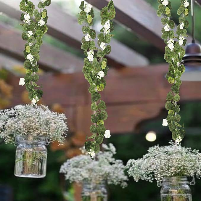 CISDUEO 2 Pcs Spring Summer Flower Garland Geranium Artificial Garland Outdoors White Geranium Artificial Flowers UV Resistant Hanging Basket Floral Garland for Porch Farmhouse Centerpiece Decor