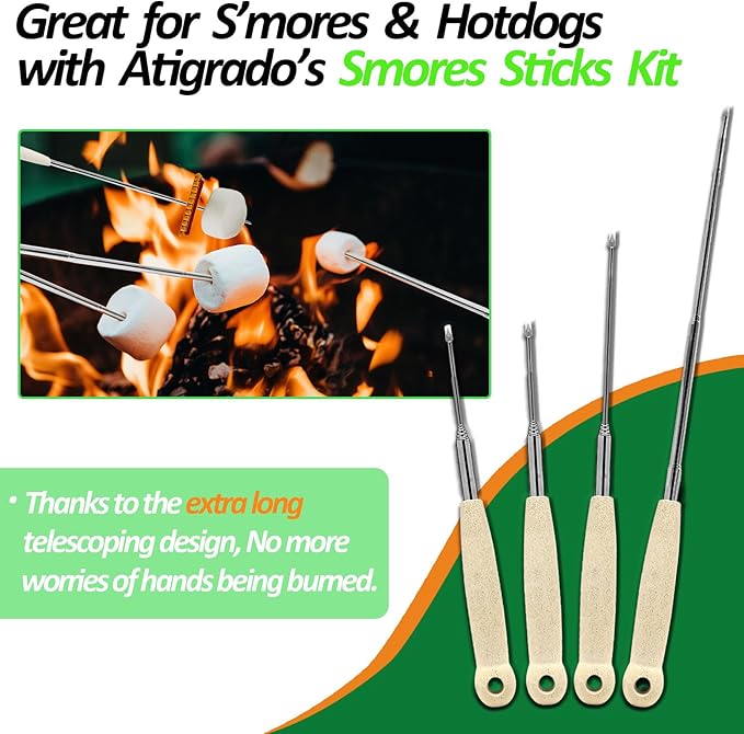 Marshmallow Roasting Sticks Set of 10-32 Inch Extendable Smores Sticks for Fire Pit Long, Telescoping Camping Skewers for Smores Kit, Hot Dog Sticks for Campfire Bonfire Party Supplies
