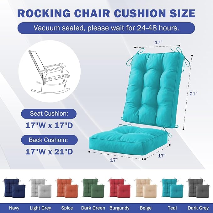 Rocking Chair Cushion, Waterproof and Fade-Resistant Patio Chair Cushions, Tufted Chair Pads for Rocker Furniture, 17x17 Inch, Indoor/Outdoor Seat Cushions with Ties, Teal Blue