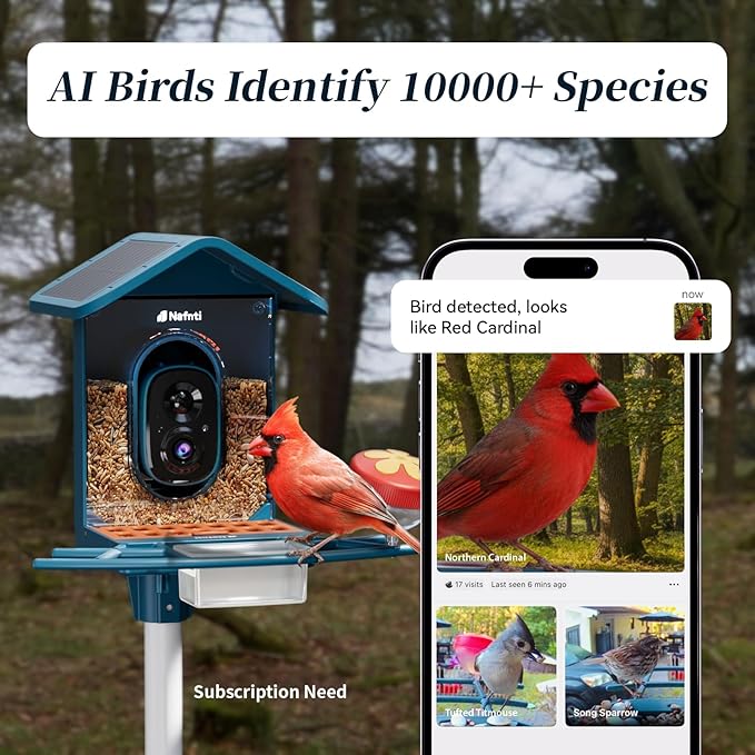 Smart Bird Feeder with Camera Solar Powered, 5GHz/2.4GHz, 2K HD Live View, AI Bird Species Identify, Instant Arrival Alerts, Weatherproof Outdoor Bird Feeder Camera, Best Gift for Bird Lovers
