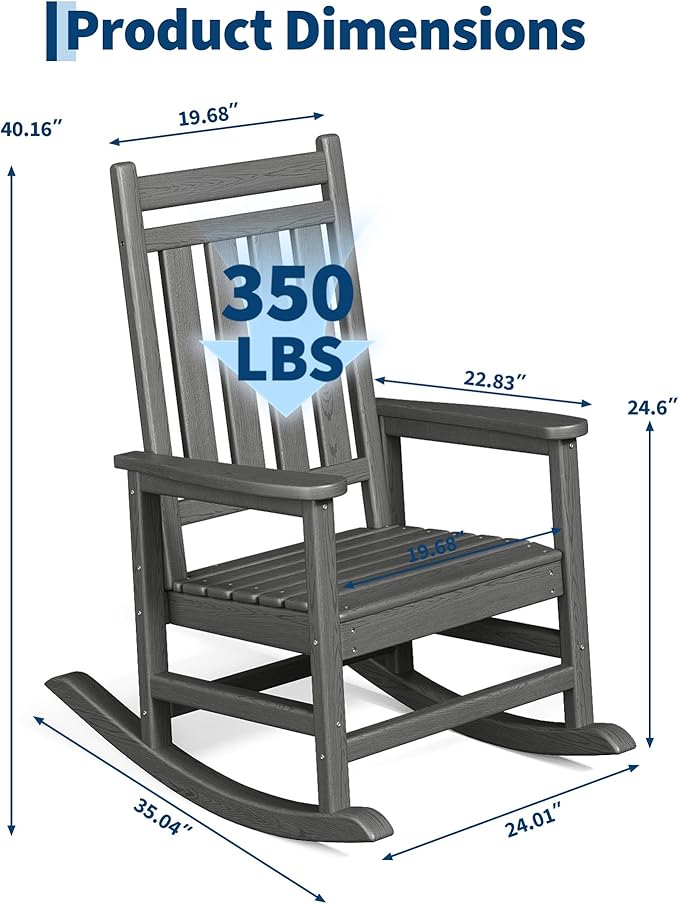 HDPE Rocking Chair Outdoor- Poly High Back Porch Rocker Chairs for Adults - All Weather Resistant Furniture for Patio Front Porch - Gray
