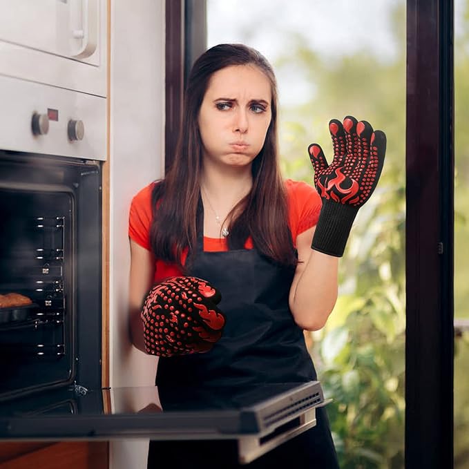 1 Pair/2 Pieces BBQ Gloves, Grilling Gloves, Heat Resistant Barbecue Oven Gloves, 1472°F/800°C Kitchen Fireproof Mitts Heat Proof for Grilling, Baking, Cooking, Welding Gloves Mitts - Red