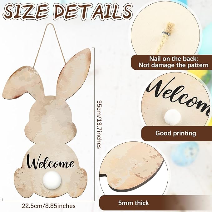 Juexica Easter Bunny Welcome Door Sign Easter Wall Hanging Sign for Front Door Wood Front Porch Decor Wall Pediments