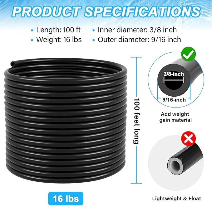 ⅜ inch Self Sinking Aeration Hose,100 Feet Pond Aerator Hose Kit with 4 Copper Menders and 8 Stainless Steel Use for Aquaculture,Garden and Lake Aeration of Aeration and Water Re-circulatio