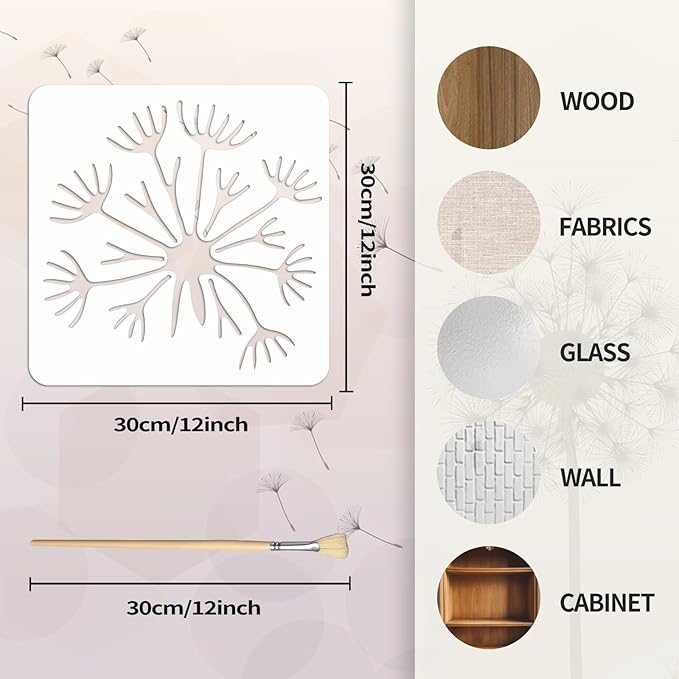 12PCS Large Flower Stencils for Painting on Wood 12 x 12 Inch Dandelion Stencil with Brushes Butterfly Stencil Large Floral Stencils for Walls Garden Fence Furniture Fabric
