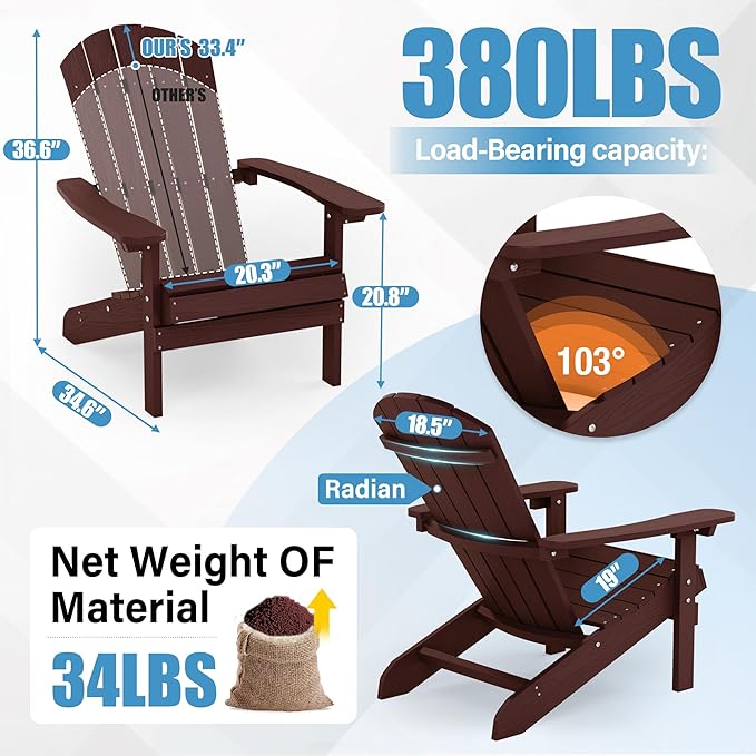 YEFU Adirondack Chairs Set of 6: Outdoor Chair HIPS Plastic Adirondack Chairs - Patio Chairs with Wood Texture - Lawn Fire Pit Deck Porch Garden Chairs for Adults(Coffee)