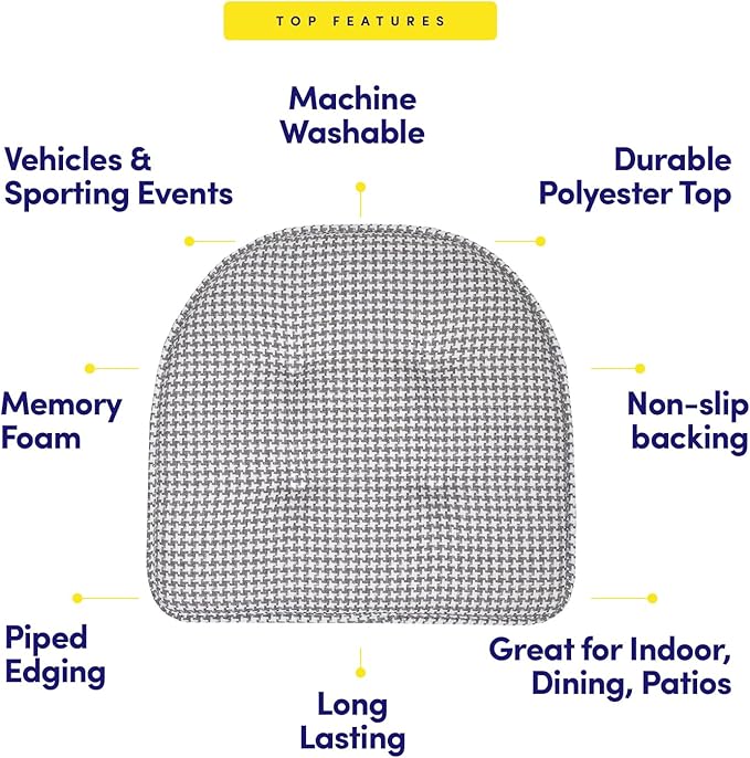 Sweet Home Collection Chair Cushion Memory Foam Pads Tufted Slip Non Skid Rubber Back U-Shaped 17" x 16" Seat Cover, 4 Count (Pack of 1), Houndsooth Gray