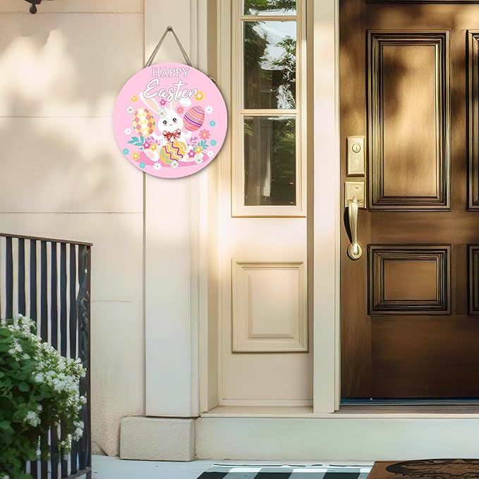 Happy Easter Bunny Front Door Signs Pink Easter Rabbit Eggs Door Hanger Spring Floral Wooden Porch Door Hanging Sign Farmhouse Decorations for Home Holiday Party