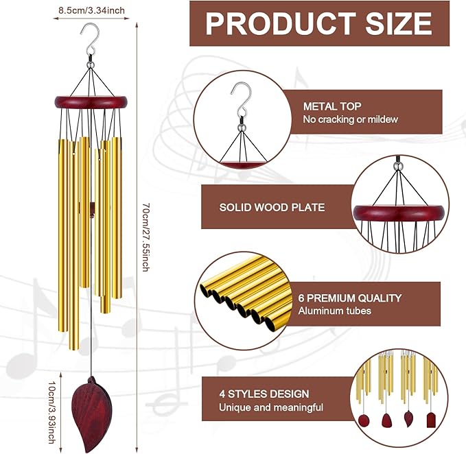 Tatuo 4 Pcs Memorial Wind Chimes 28 Inch Wooden Sympathy Wind Chimes DIY Sympathy Gift for Father's Day Loss of Loved One Bereavement with 6 Aluminum Tube for Indoor Outdoor(Gold,Simple Style)
