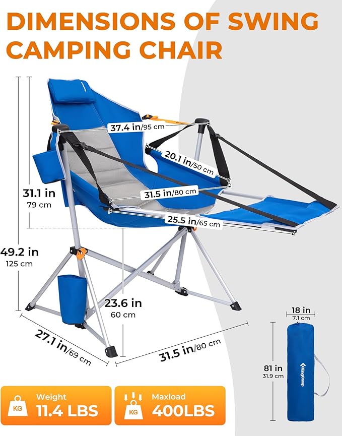 KingCamp Hammock Chair with Footrest, Swinging Portable Folding Camping Chairs for Adults MAX 400lbs Heavy Duty Foldable Oversized Rocker with Cup Holder Pillow for Outdoor Beach Patio Sport Lawn