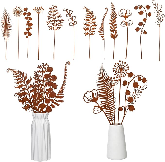 12 Pack Rusty Metal Garden Stakes, Rustic Garden Decor Decorative Metal Wildflower for Outside Plants Stakes Iron Art Outdoor for Lawn Yard Walkway