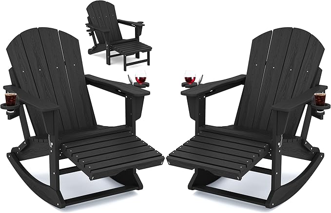 KINGYES Adirondack Rocking Chair Set of 2 with Retractable Ottoman and Cup Holders, HDPE Adirondack Rocker Patio Rocking Chair for Porch, Patio, Balcony, Black