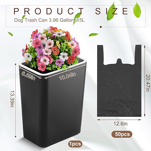 Dog Poop Trash Can Outside 3.96 Gal/15 L Plant Styled Dog Waste Trash Can with Lid 50 Pcs Plastic Waste Bags Outdoor Indoor Poop Container Slim Garbage Bin for Yard Garden Pet (Flower Black)