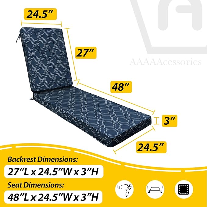 AAAAAcessories Outdoor Chaise Lounge Cushions, Fade-Resistant, Waterproof Patio Furniture Replacement Cushions, 75" x 24.5" x 3", Slate Blue Vine Trellis