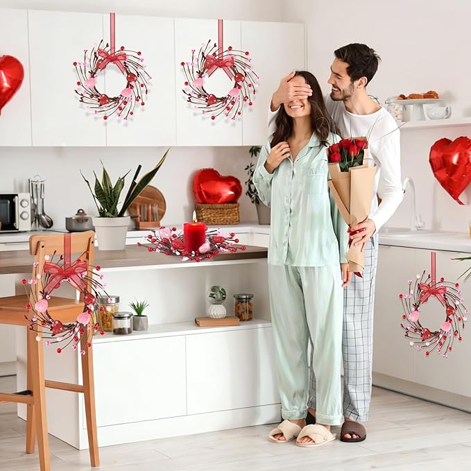 6 PCS Mini Valentine Wreaths for Cabinet Front Door Valentine Wreath Red Pink Glitter Heart and Berry Hanging Valentines Day Wreaths for Window Wedding Birthday Home Wall Porch Decoration