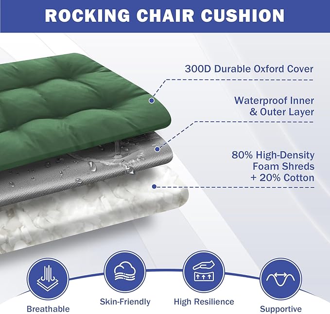 Rocking Chair Cushion, Waterproof and Fade-Resistant Patio Chair Cushions, Tufted Chair Pads for Rocker Furniture, 17x17 Inch, Indoor/Outdoor Seat Cushions with Ties, Dark Green