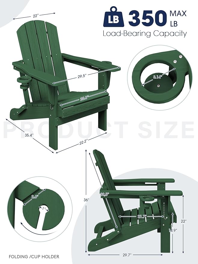 KINGYES Folding Adirondack Chair Set of 4, Dual Cup Holders & All-Weather HDPE, Wood-Like Patio Chair for Backyard, Camping, Pool & Fire Pit, Dark Green