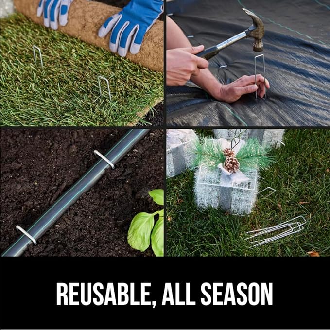 GORILLA GRIP 200 Pack Strong Galvanized Steel Landscape Staples, Rust-Resistant Sharp Tips, Plant and Garden Stakes, Adjustable Ground Yard Anchors, Outdoor Metal Landscaping Pins for Lawn, 6 Inch