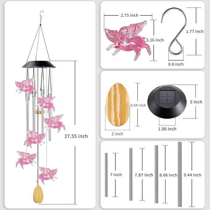 Pig Solar Wind Chimes with 4 Music Aluminum Tubes, 7 Colors Changing Outdoor Waterproof Flying Pig LED Wind Bell, Patio Garden Yard Decor(Gifts for Dad,Mom, Women, Gardening Gifts)