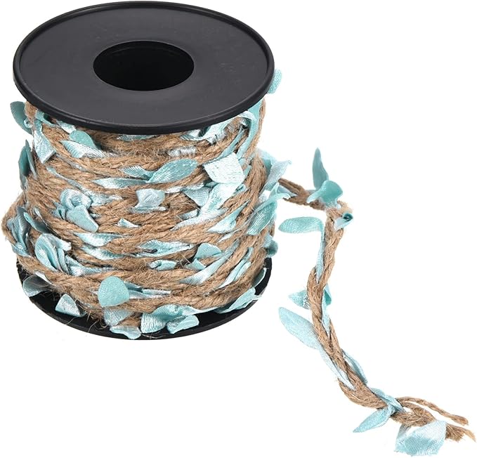PATIKIL 33ft 5mm Burlap Leaf Ribbon, Braided Decoration Vine Natural Jute Rope Twine with Artificial Leaves for Jungle Wedding Party Home Garden Decor, Sky Blue