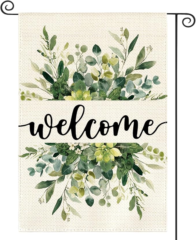 AVOIN colorlife Spring Summer Floral Welcome Garden Flag 12x18 Inch Double Sided Outside, Eucalyptus Seasonal Farmhouse Yard Outdoor Flag