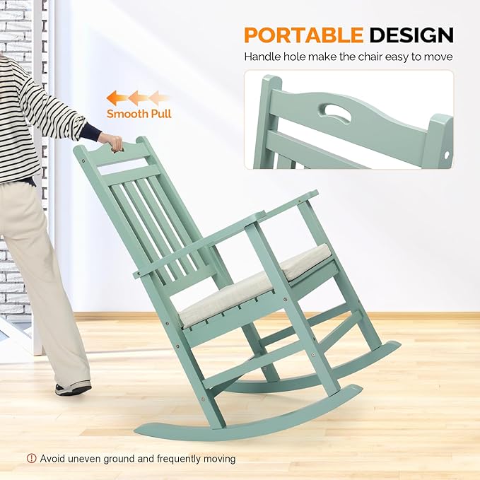 VINGLI Outdoor Rocking Chair, Heavy Duty 450 lbs Poplar Wooden Rocking Chair with High Backrest Design, Come with a Cushion, All-Weather Lounge Rocker Support for Garden, Deck (Mine Green)