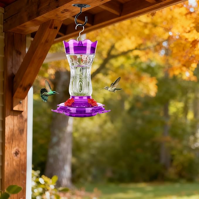 Glass Hummingbird Feeders for Outdoors, Built-in Ant Moat & Leakproof Design, XAROO Hummingbird Feeder with 4 Bee Guard Feeding Ports, 15OZ, Purple, Gifts for Mom Wife Dad, Birthday Gift for Men Women