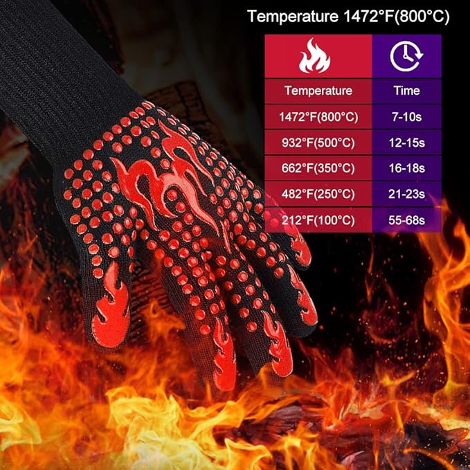 BBQ Gloves, Heat Resistant Gloves for Cooking, Non-Slip Grill Oven Mitts, 1472°F Extreme Heat Resistant Silicone Grilling Gloves for Barbecue, Frying, Baking, 1 Pair (Red)