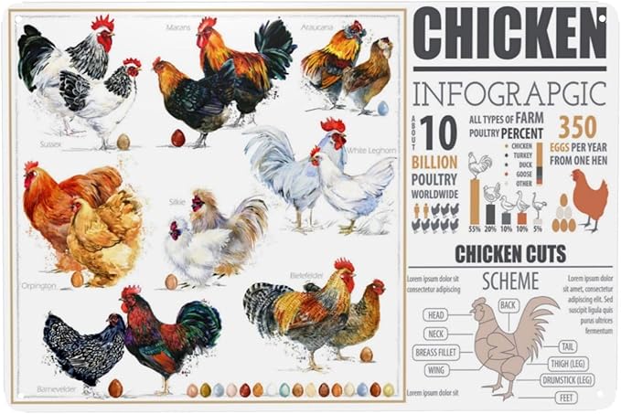 Chicken Breed Vintage Metal Tin Sign Retro Rustproof Funny Art Wall Decor Gift 8x18 Inch