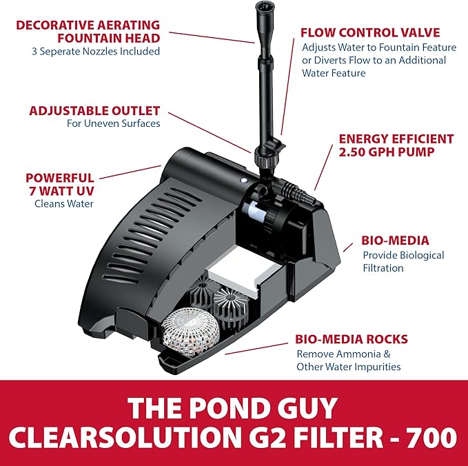 The Pond Guy ClearSolution Submersible Filter, Pump & Ultraviolet System for Outdoor Water Garden with Fountain Attachments & Diverter Valve, 700