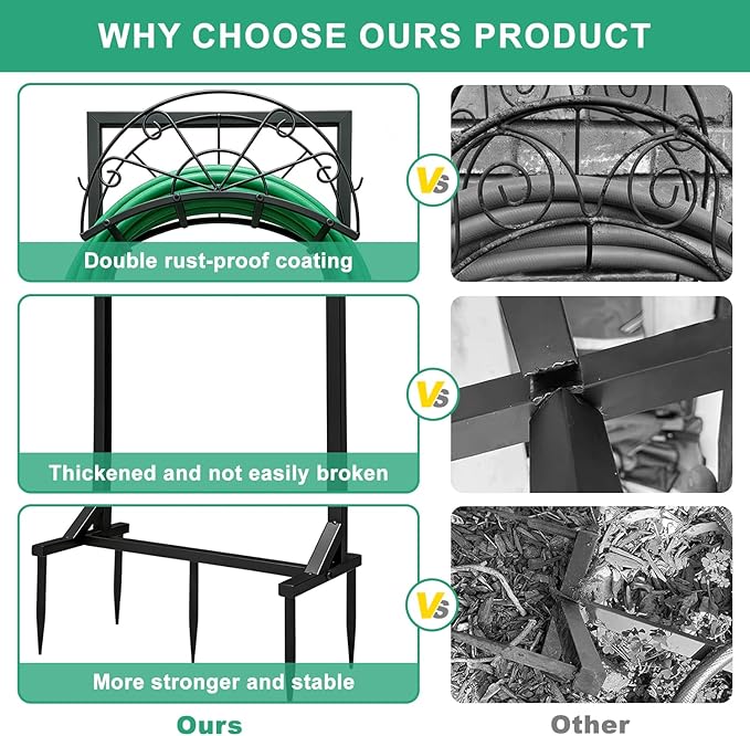 Garden Hose Holder with Stable Base and Tool Hooks, Heavy-Duty Metal Hose Hanger Garden Hose Storage Holds 151Ft Hose, Rustproof Freestanding Water Hose Rack for Yard, Lawn