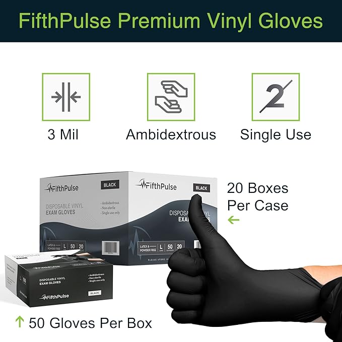 FifthPulse Black Vinyl Disposable Gloves - Powder and Latex Free Medical Exam Gloves
