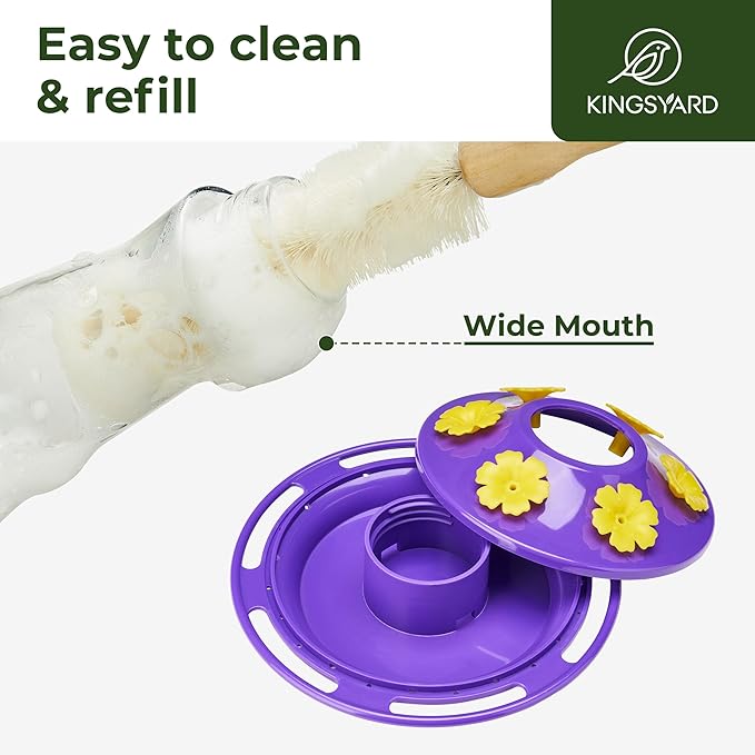 Kingsyard Glass Hummingbird Feeder for Outdoors Hanging - 6 Bee Guard Feeding Ports & Built-in Ant Moat, Wild Bird Feeder for Outside Garden Yard Patio 14 Oz, Updated Purple