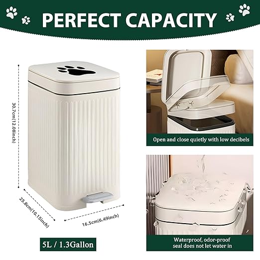 Dog Poop Trash Can Outside, 5L/1.3 Gal Pet Poop Bucket with Lid, Foot Pedal, Dog Waste Container with 40 Bags, Lid Soft Close for Pet, White