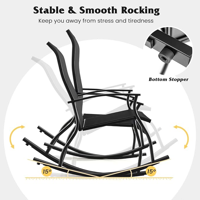 Giantex Outdoor Rocking Chair Set of 2 - Patio Rocking Chairs w/Breathable Backrest, Sturdy Metal Frame & Safe Ergonomic Design, Cozy Fabric Rocker for Backyard, Poolside, 330 lbs, Black