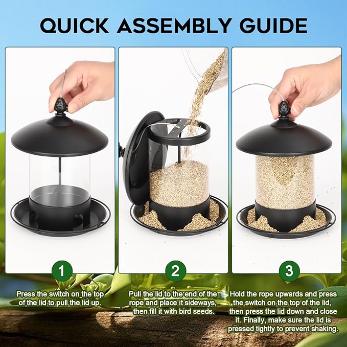 Metal Bird Feeders for Outdoors Hanging, Weather Resistant Wild Bird Feeder with 360 Degree Feeding Tray, Black
