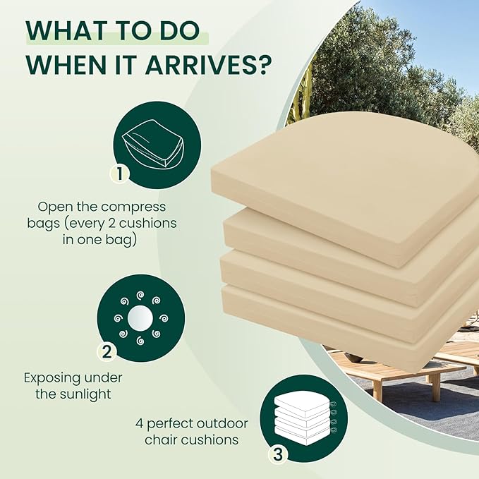 HARBOREST Outdoor Chair Cushions Set of 4, Water Resistant Patio Chair Cushions with Ties, Outdoor Seat Cushions for Patio Furniture, 17"x16"x2", Beige