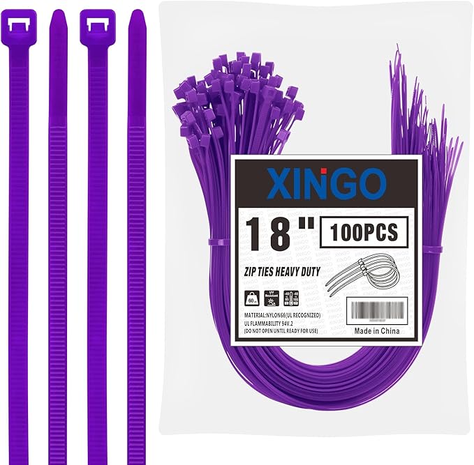 XINGO 18 inch Purple Zip Ties Heavy Duty (100 Pack), 60lb Tensile Strength, UV Resistant Cable Ties for indoor and outdoor use