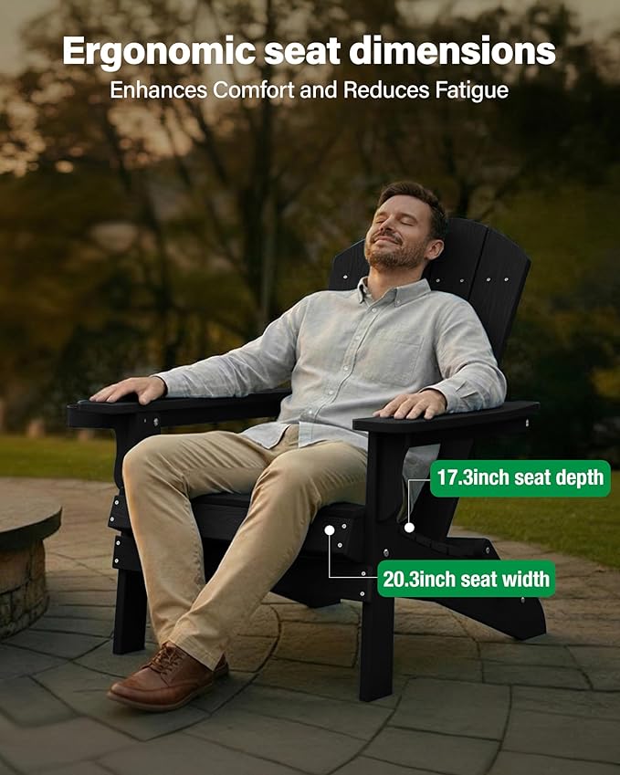 YEFU Adirondack Chair Set of 2, Folding Oversized Plastic Adirondack Chair with Cup Holder, Lawn Chair with Weather Resistant for Outdoor Deck Garden, Weight Capacity Up to 400 Lbs–Black