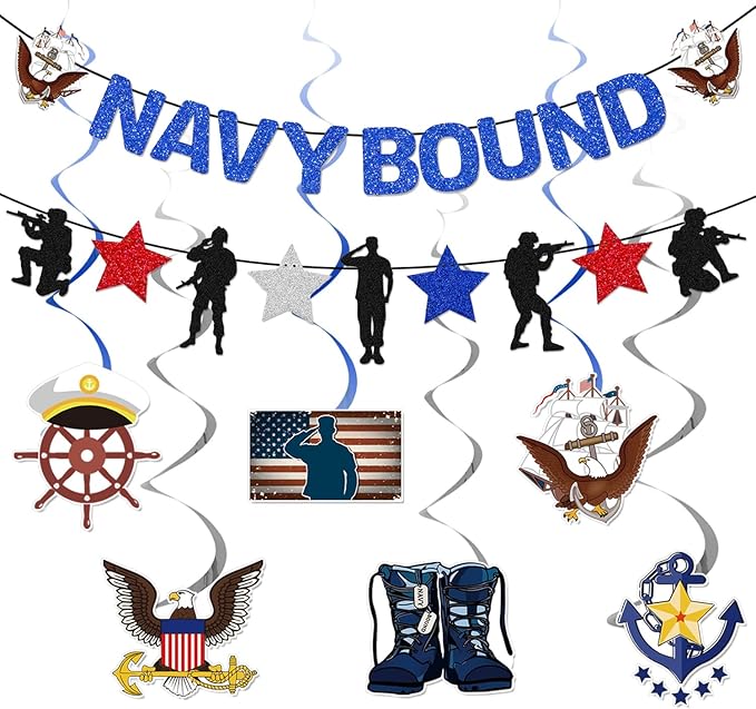 Glitter Navy Bound Banner Boot Camp Decor Army Party Decorations Military Party Supplies Navy Birthday Decor Marine Corps Decorations Hanging Swirls for Women Men