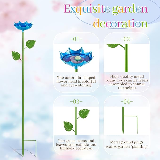 Bee Watering Station | 2 Pack Butterfly Feeder for Outside | Metal Decorative Garden Stakes | Bee Baths for Garden Yard Decor Umbrella Design (Blue,Yellow)